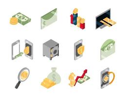 isometric money cash currency business coins banknotes isolated on white background flat icons set vector