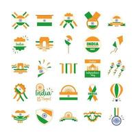 feliz día de la independencia india celebración de la libertad iconos nacionales establecidos estilo plano vector