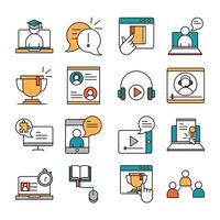 online education website and mobile training courses icons set line and fill icon vector