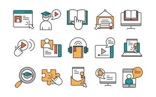 online education website and mobile training courses icons set line and fill icon vector