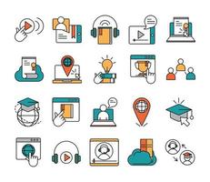 online education website and mobile training courses icons set line and fill icon vector