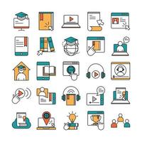 online education website and mobile training courses icons set line and fill icon vector