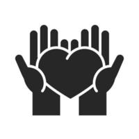 donación caridad voluntario ayuda social manos con corazón amor silueta estilo icono vector
