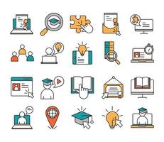 online education website and mobile training courses icons set line and fill icon vector