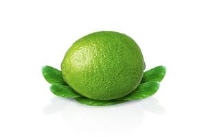 Lime with leaves isolated on white background with drop shadow. photo