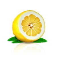 Lemon with leaves isolated on white background with drop shadow. photo