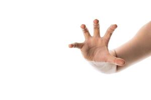 asimiento de la mano del hombre, agarrar o atrapar algún objeto, gesto de la mano. aislado sobre fondo blanco. foto