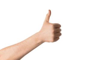 Male hand with victory gesture, hand gesture. Isolated on white background. photo