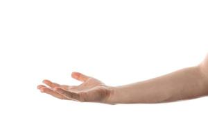 Man hand hold, grab or catch some object, hand gesture. Isolated on white background. photo