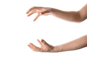 Man hand hold, grab or catch some object, hand gesture. Isolated on white background. photo