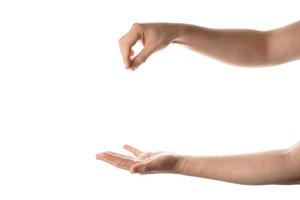 Man hand hold, grab or catch some object, hand gesture. Isolated on white background. photo