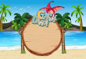 Escena de playa con plantilla de tablero vacío y lindo personaje de dibujos animados de dinosaurio