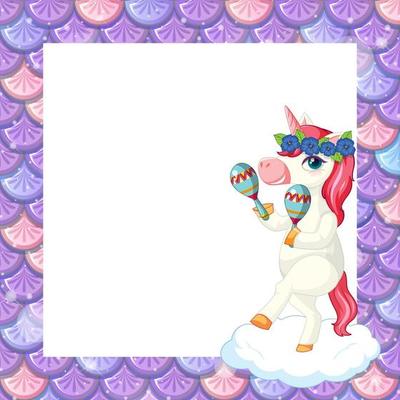 Blank pastel purple fish scales frame template with cute unicorn cartoon character