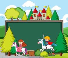 Empty chalkboard banner in the forest scene with fairy tale cartoon character and elements vector