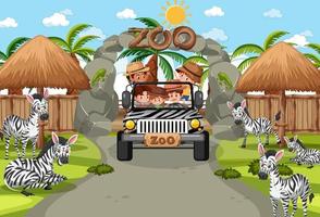 Safari scene with kids on tourist car watching zebra group vector