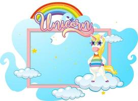 Banner vacío con lindo personaje de dibujos animados de unicornio sobre fondo blanco. vector