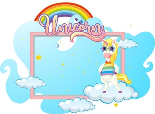 Empty banner with cute unicorn cartoon character on white background