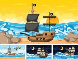 Set of different beach scenes with pirate ship and pirate cartoon character vector