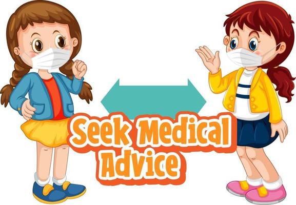 Seek Medical Advice font design with two kids keeping social distance isolated on white background