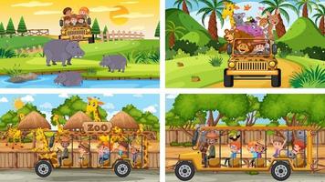 Four different zoo scenes with kids and animals vector