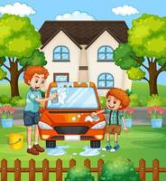 Dad and son washing car in front of the house scene vector