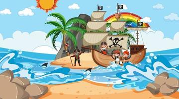 playa con barco pirata en la escena diurna en estilo de dibujos animados vector