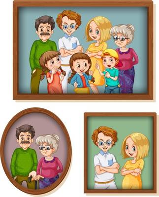 Set of happy family photo on the wooden frame