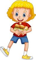 personaje de dibujos animados de niña feliz abrazando sándwich de comida vector