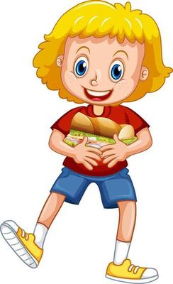 Happy girl cartoon character hugging food sandwich