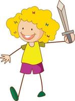 A doodle kid holding a sword cartoon character isolated vector