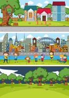 Set of different horizontal scenes background with doodle kids cartoon character vector