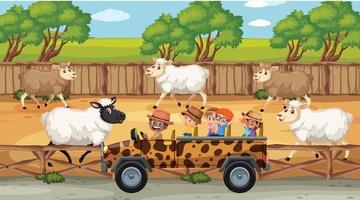 Safari scenes with many sheeps and kids cartoon character vector