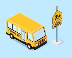 Isometric school bus urban infrastructure vector
