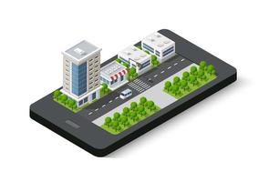 3D map of isometric city mobile phone on the street. vector