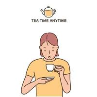 una mujer está bebiendo té con una taza de té en una mano y un platillo en la otra. ilustraciones de diseño de vectores de estilo dibujado a mano.