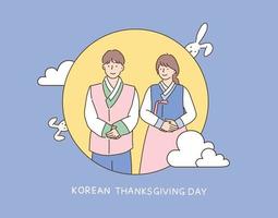 A couple dressed in traditional Korean clothes stands politely in the full moon. hand drawn style vector design illustrations.