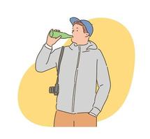 A man with a camera is drinking a drink. hand drawn style vector design illustrations.