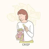 A girl is holding a snack bag and eating. hand drawn style vector design illustrations.