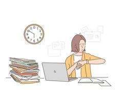 A business woman is looking at the clock, it is past the end of the work day, but the work is piled up at the desk. hand drawn style vector design illustrations.