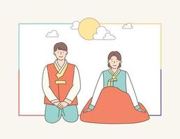 A couple in traditional Korean clothes are sitting on the floor and greeting each other. hand drawn style vector design illustrations.