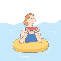 A woman eating a watermelon on a tube in the sea. hand drawn style vector design illustrations.