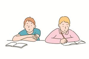 One student has a book open and has a blank expression, while the other is studying hard. hand drawn style vector design illustrations.