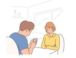 Boyfriend is looking at cell phone in cafe and girlfriend is looking angry. hand drawn style vector design illustrations.