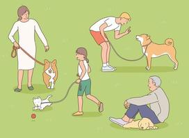 People are taking a walk in the park with their dogs. hand drawn style vector design illustrations.