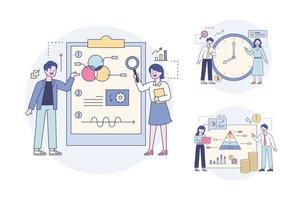 Professionals analyzing data by looking at chart portfolios and clock and pyramid graphs. Outline flat design style minimal vector illustration set.