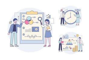 Professionals analyzing data by looking at chart portfolios and clock and pyramid graphs. Outline flat design style minimal vector illustration set.