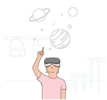 una niña lleva gafas de realidad virtual y señala con el dedo una imagen digital. ilustraciones de diseño de vectores de estilo dibujado a mano.