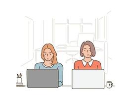 dos mujeres están sentadas una al lado de la otra en un café, mirándose incómodas, usando una computadora portátil. ilustraciones de diseño de vectores de estilo dibujado a mano.