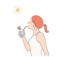 A woman drinking a drink under the hot sun. hand drawn style vector design illustrations.