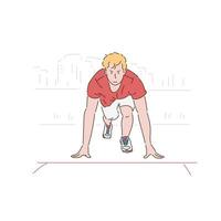 A man is in the ready position before running to the starting line. hand drawn style vector design illustrations.